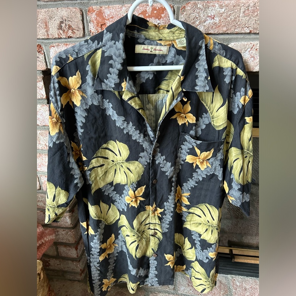 Tommy Bahama Orchid Illusions Silk Hawaiian Shirt Mens XL Black Monstera Camp